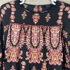 Lux II Womens Boho Paisley Tiered Bell Sleeve Tunic Shift Dress Black Size 4